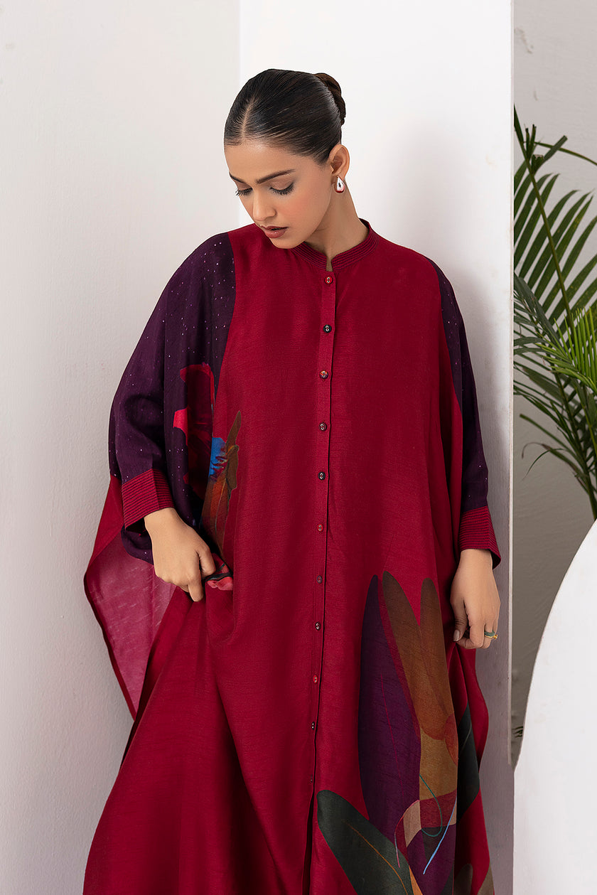 Red Viscose Dupion Printed Kaftaan Style Dress (1 PC)