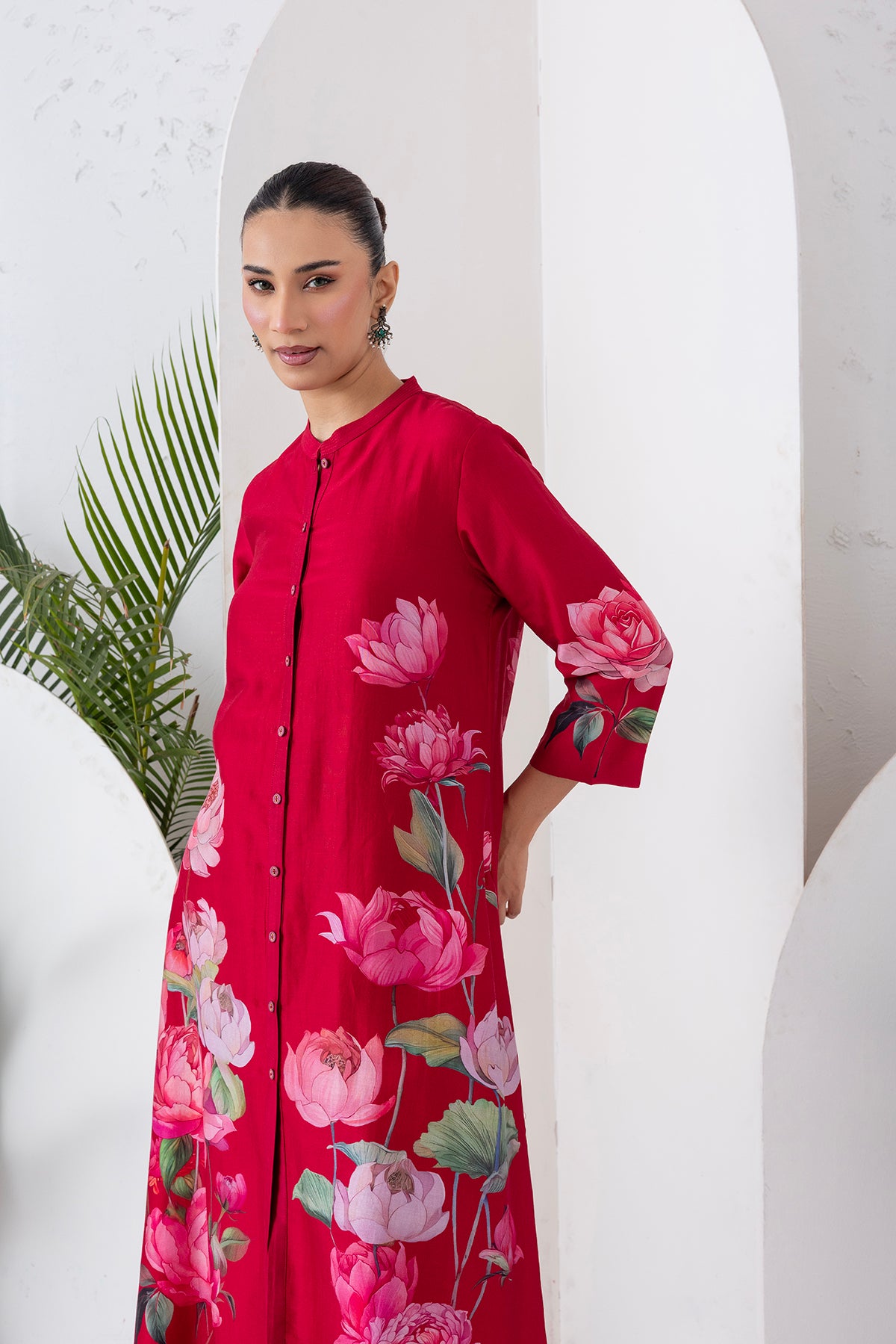 Maroon Silk Chanderi Printed Front Open Dress (1 PC)