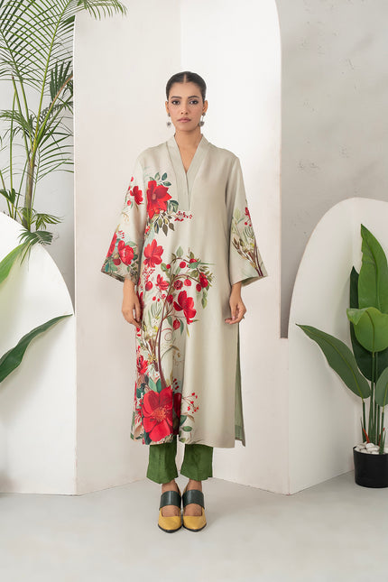 Beige Silk Chanderi Elegant Floral Printed Tunic (1 PC)