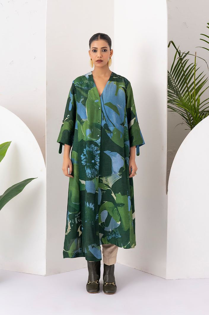 Green & Blue Viscose Dupion Printed Dress (1 PC)