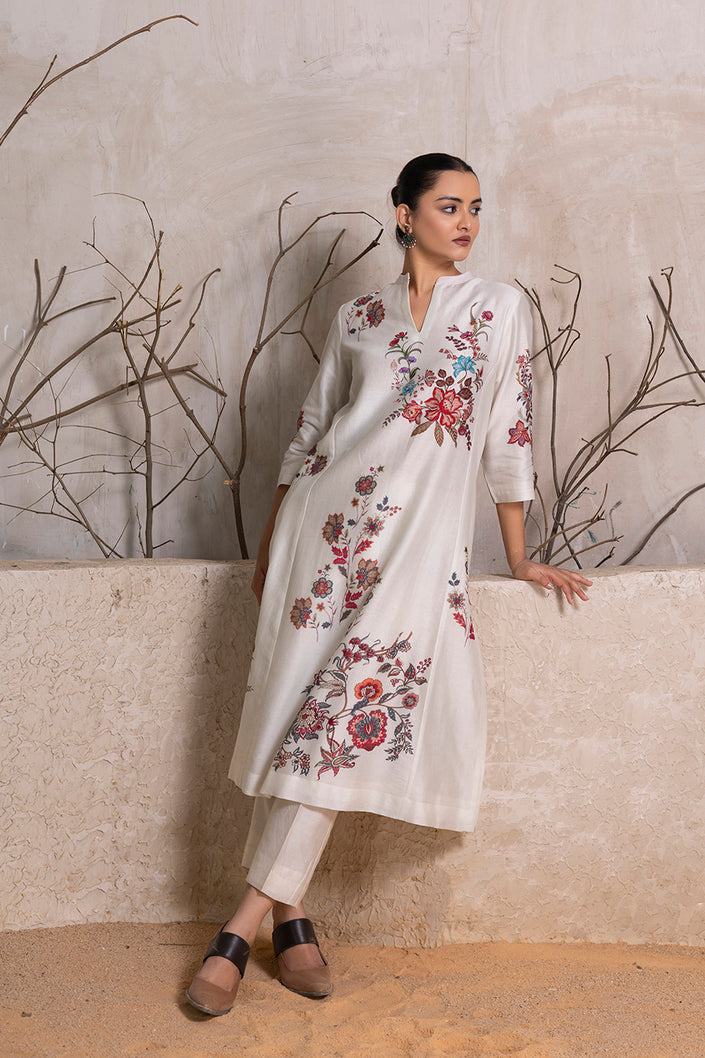 Ivory Silk Chanderi Floral Printed tunic (1 PC)