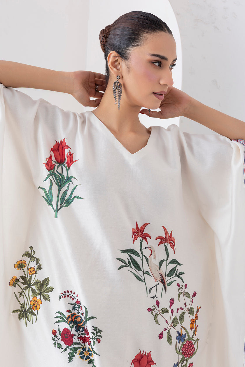 Ivory Silk Chanderi Floral Printed Kaftan (1 PC)