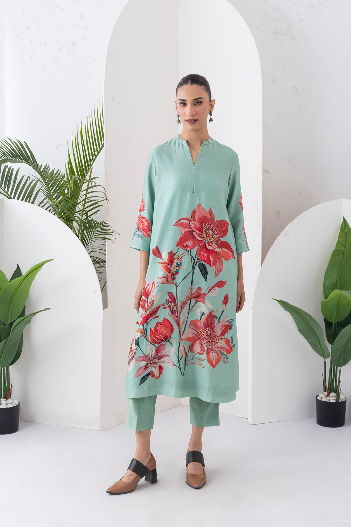 Mint Green Silk Chanderi Bloom-Inspired Printed Tunic (1 PC)