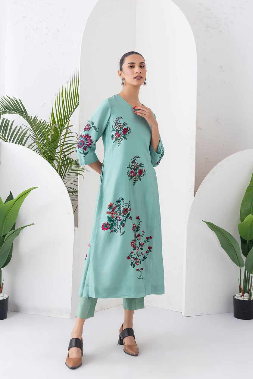 Mint Silk Chanderi Floral Boota Printed Dress (1 PC)