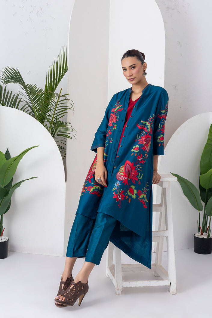 Indigo Silk Chanderi Printed Front Open Floral High-Low Dress (1 PC)