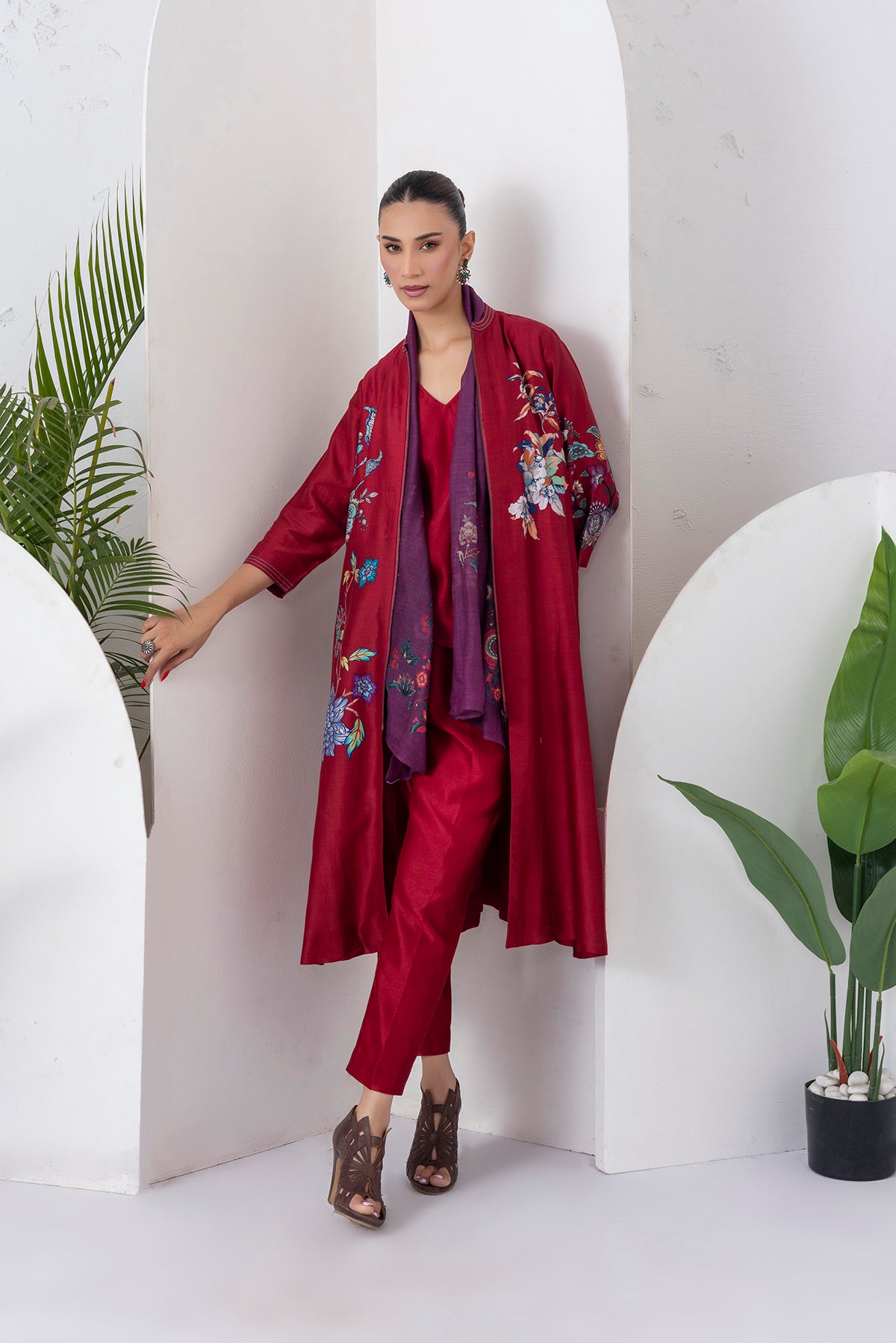 Maroon Silk Chanderi Floral Printed Front Open Dress (1 PC)