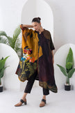 Mustard & Brown Viscose Dupion Printed Kaftan Style Dress (1 PC)