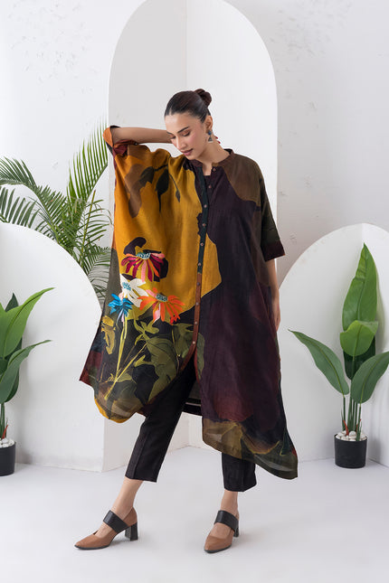 Mustard & Brown Viscose Dupion Printed Kaftan Style Dress (1 PC)