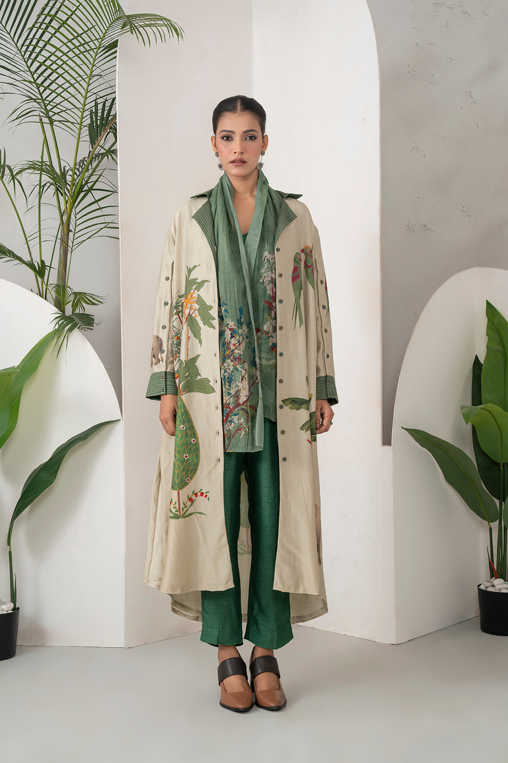 Beige Silk Chanderi Nature-Inspired Printed Dress (1 PC)