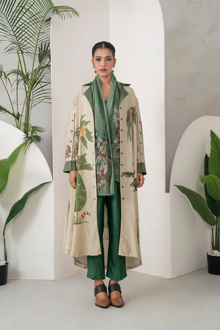 Beige Silk Chanderi Nature-Inspired Printed Dress (1 PC)