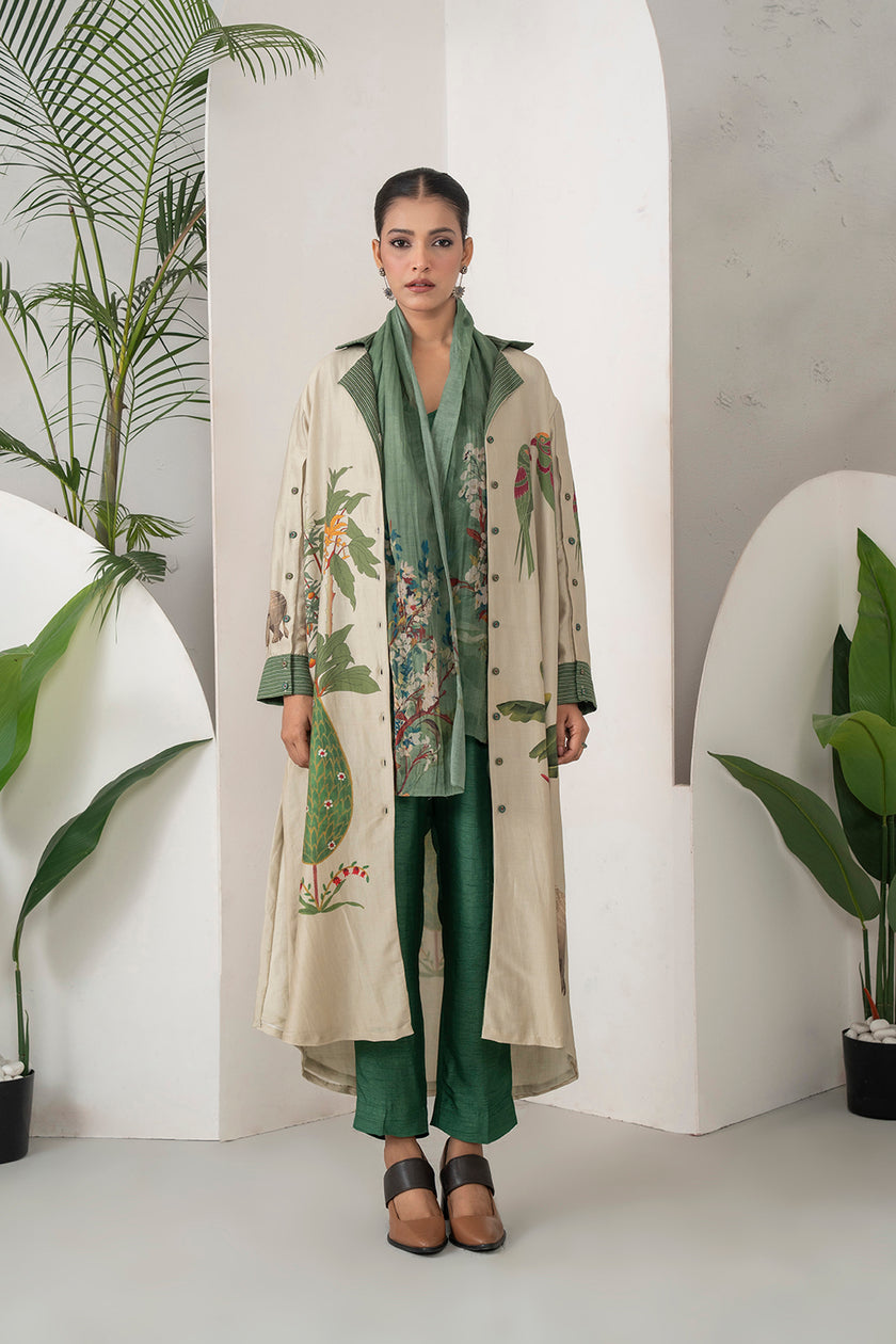 Beige Silk Chanderi Nature-Inspired Printed Dress (1 PC)