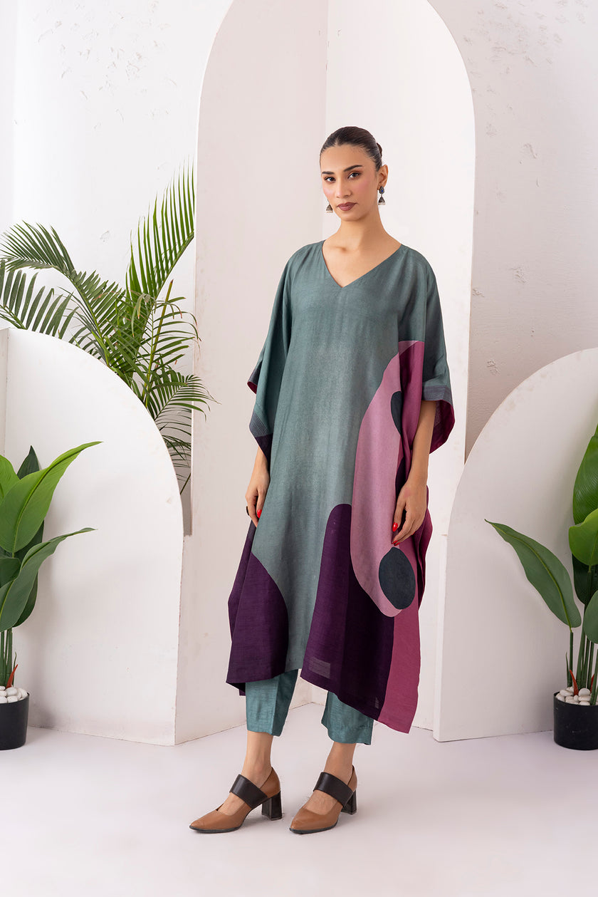 Sage Green & Salmon Pink Viscose Dupion Printed Kaftan (1 PC)