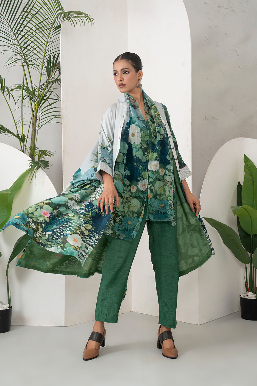 Ivory Silk Chanderi Vivid Garden Illustration Printed Kaftan (1 PC)