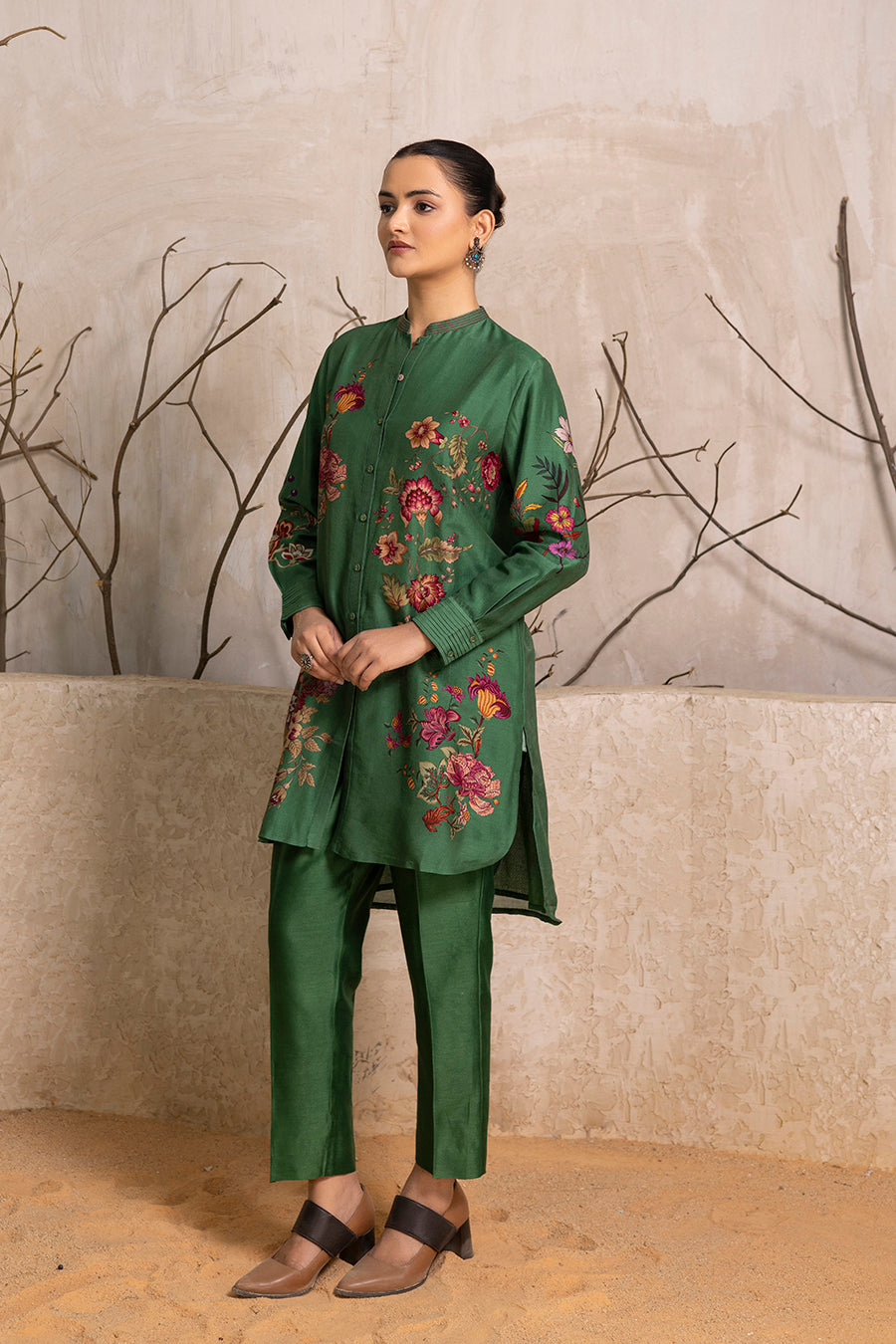 Green Silk Chanderi Floral Printed Shirt Style Tunic (1 PC)