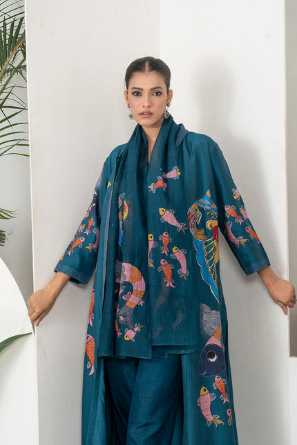 Indigo Thin Chanderi Playful Aquatic Motif Printed Stole (1 PC)