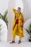Yellow Silk Chanderi Printed Front Open Floral High-Low Dress (1 PC)