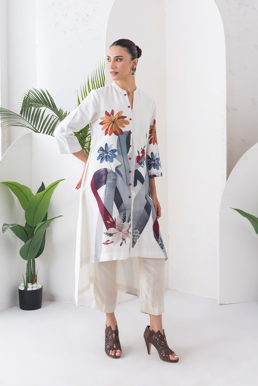 Ivory Silk Chanderi Printed High-Low Dress (1 PC)