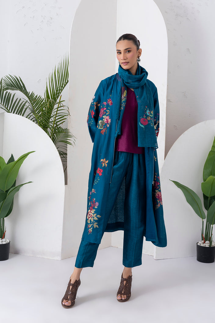 Indigo Silk Chanderi Floral Printed Front-Zip Dress (1 PC)