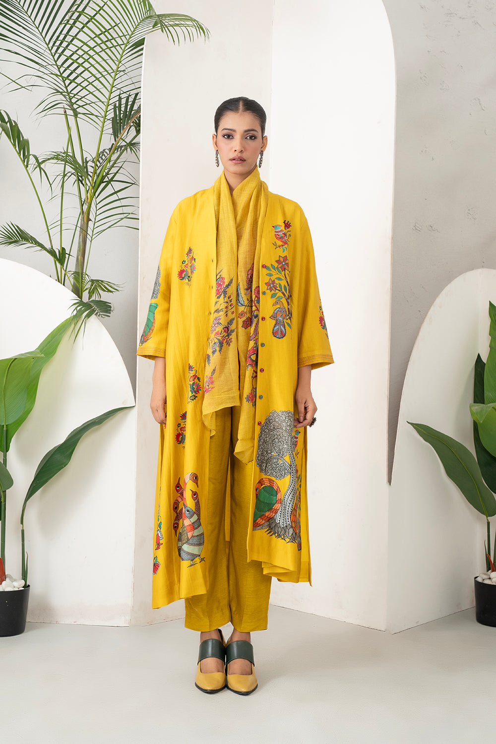 Yellow Silk Chanderi Front Open Striking Bird And Floral Printed Dress (1 PC)