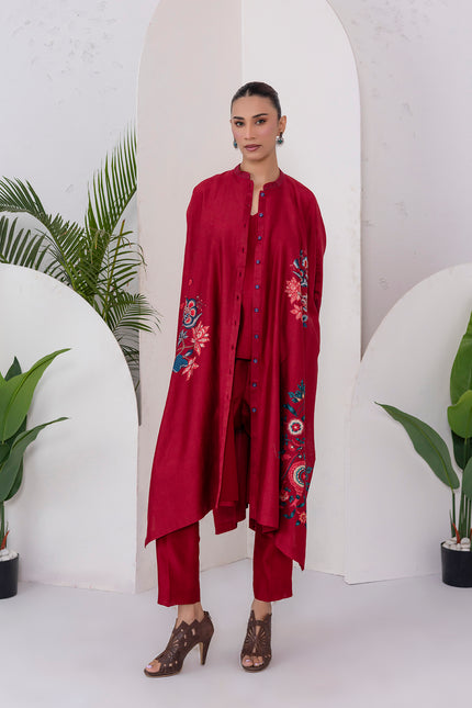 Maroon Silk Chanderi Printed Kaftan Style Dress (1 PC)