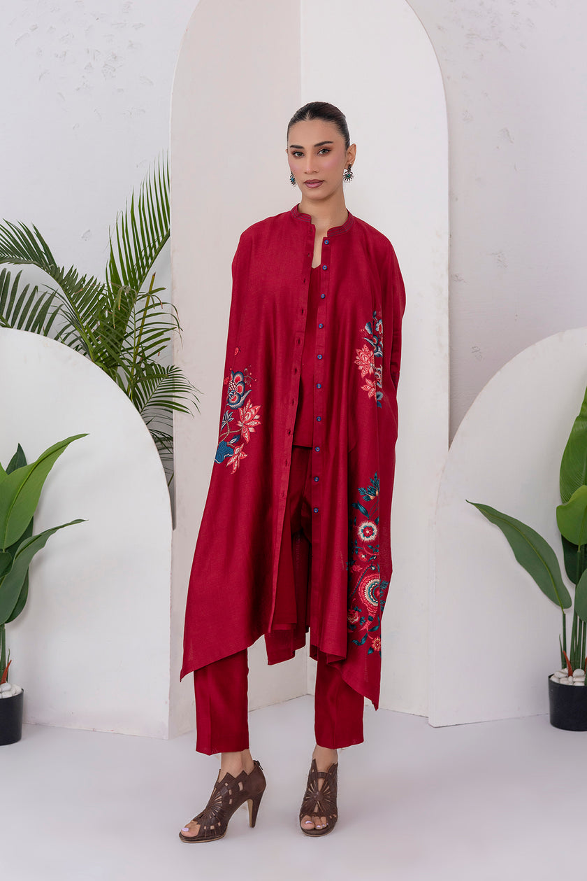 Maroon Silk Chanderi Printed Kaftan Style Dress (1 PC)