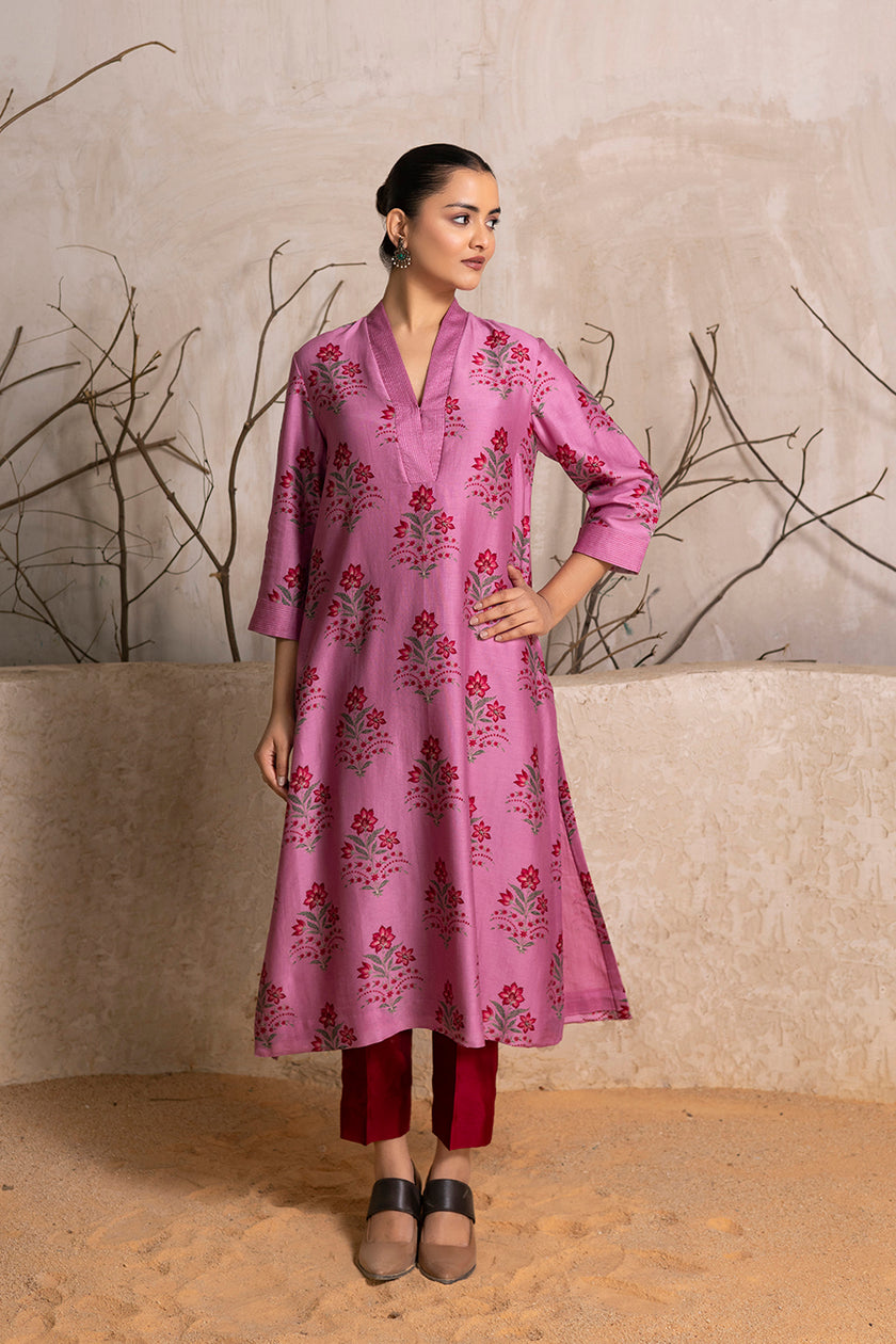 Salmon Pink Silk Chanderi Floral Boota Printed Tunic (1 PC)