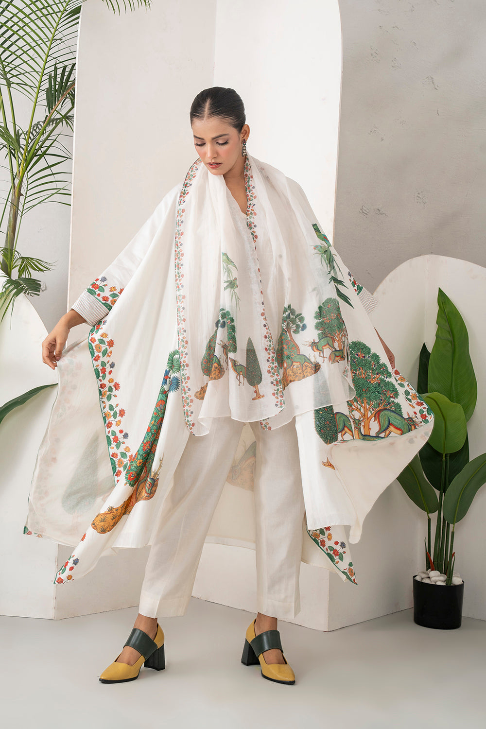 Ivory Silk Chanderi Folk Tale Printed Kaftan (1 PC)