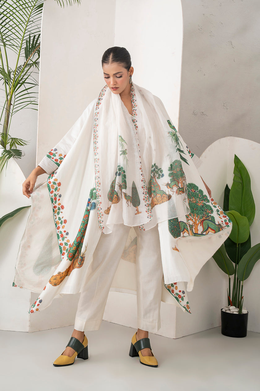 Ivory Silk Chanderi Folk Tale Printed Kaftan (1 PC)