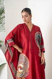 Maroon Silk Chanderi Bold Peacock Printed Zippered Kaftan (1 PC)
