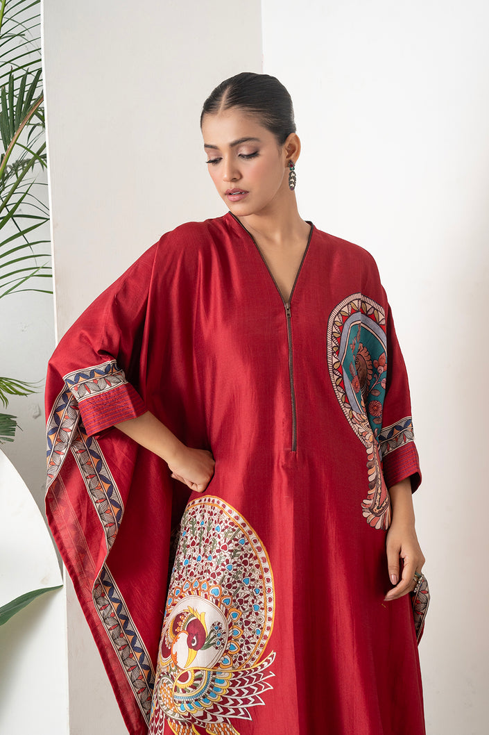 Maroon Silk Chanderi Bold Peacock Printed Zippered Kaftan (1 PC)