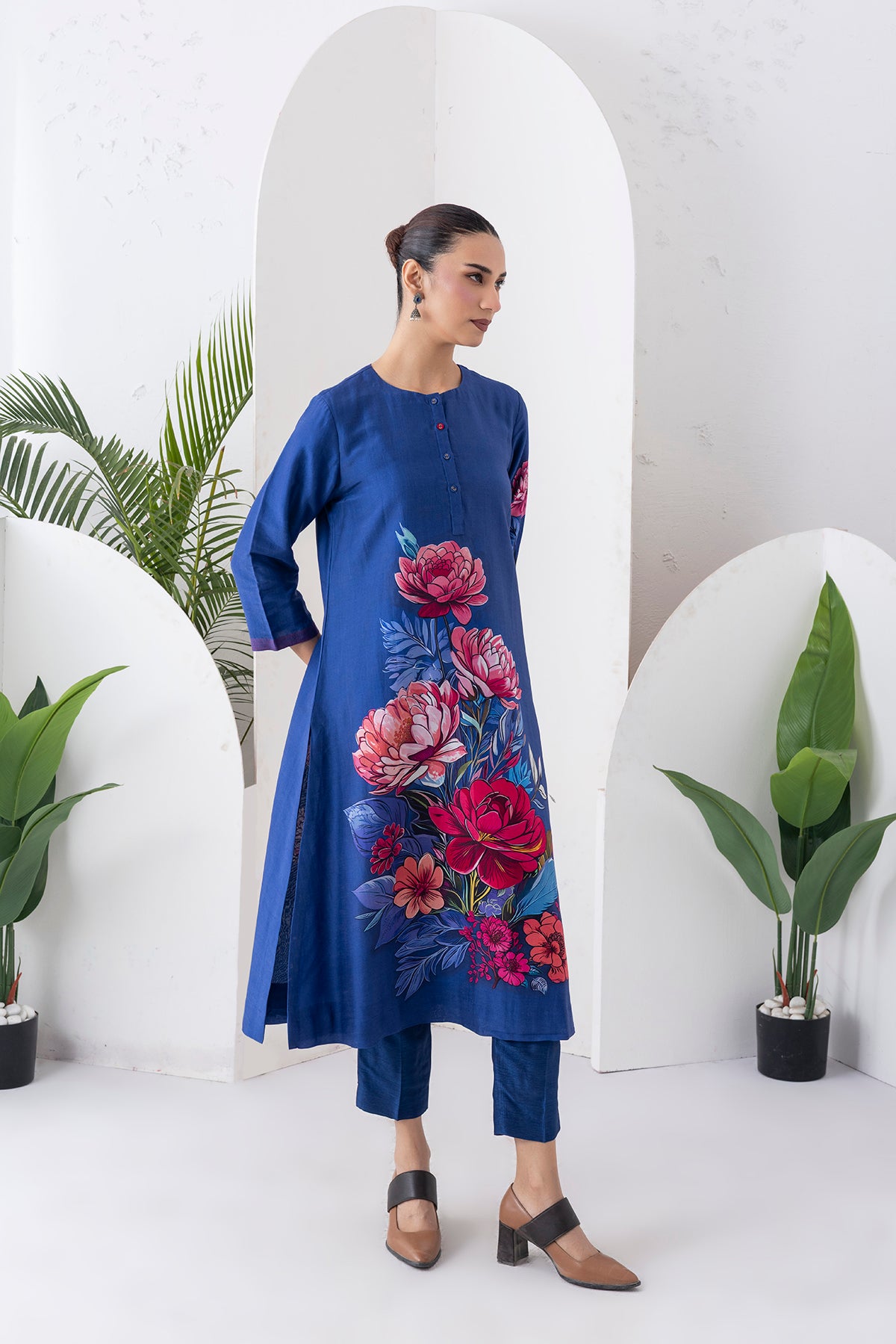 Cobalt Blue Silk Chanderi Printed Tunic (1 PC)
