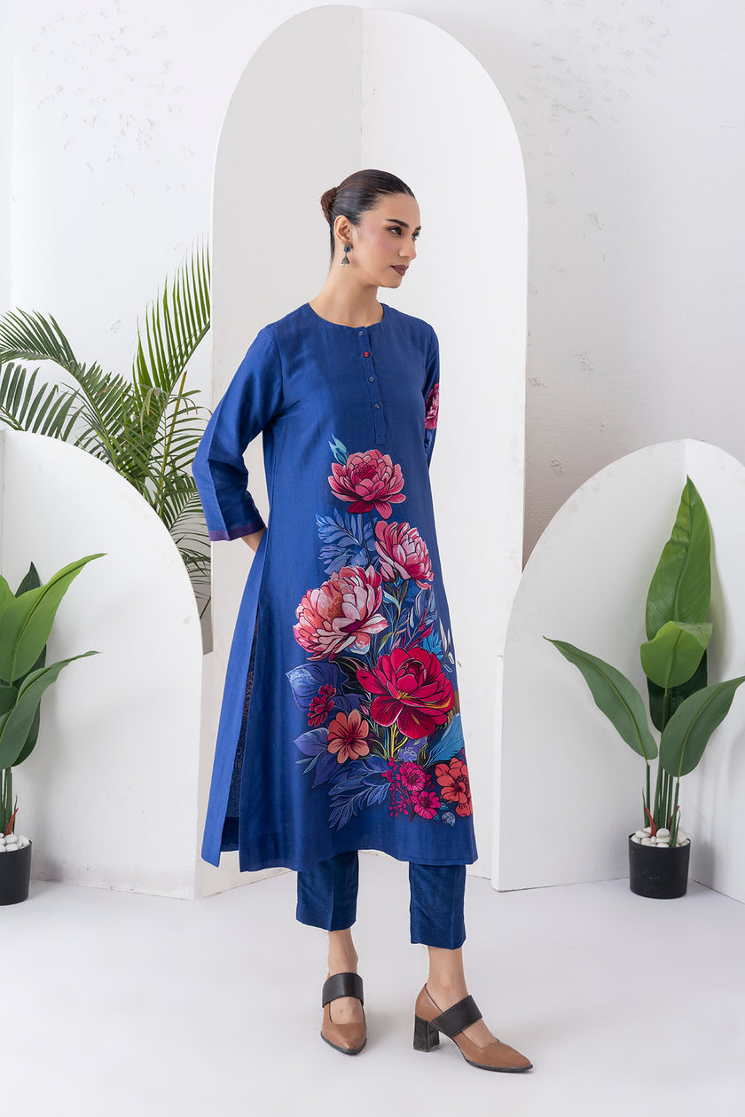 Cobalt Blue Silk Chanderi Printed Tunic (1 PC)