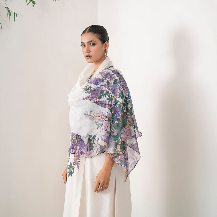 Ivory Thin Chanderi Wisteria Printed Stole (1 PC)