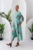 Mint Silk Chanderi Floral Printed Front Open Dress (1 PC)