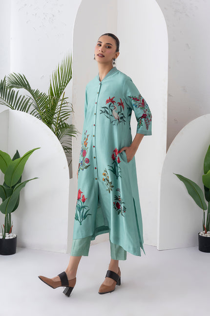Mint Silk Chanderi Floral Printed Front Open Dress (1 PC)