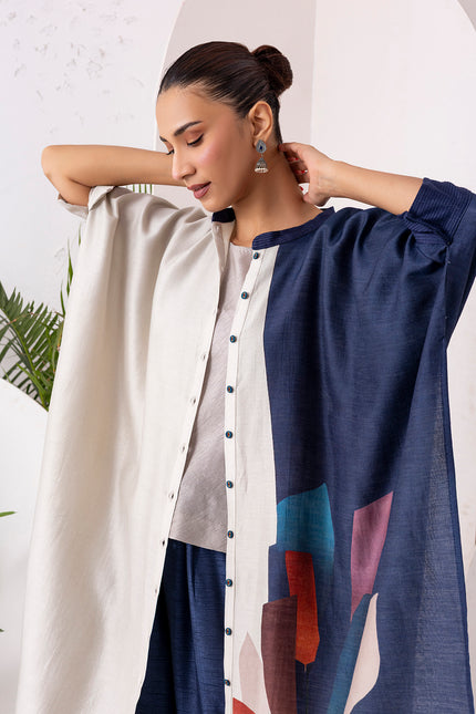 Blue & Ivory Silk Chanderi Printed Kaftan Style Dress (1 PC)
