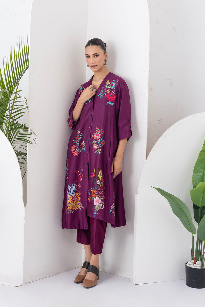Wine Silk Chanderi Printed High-Low Dress (1 PC)