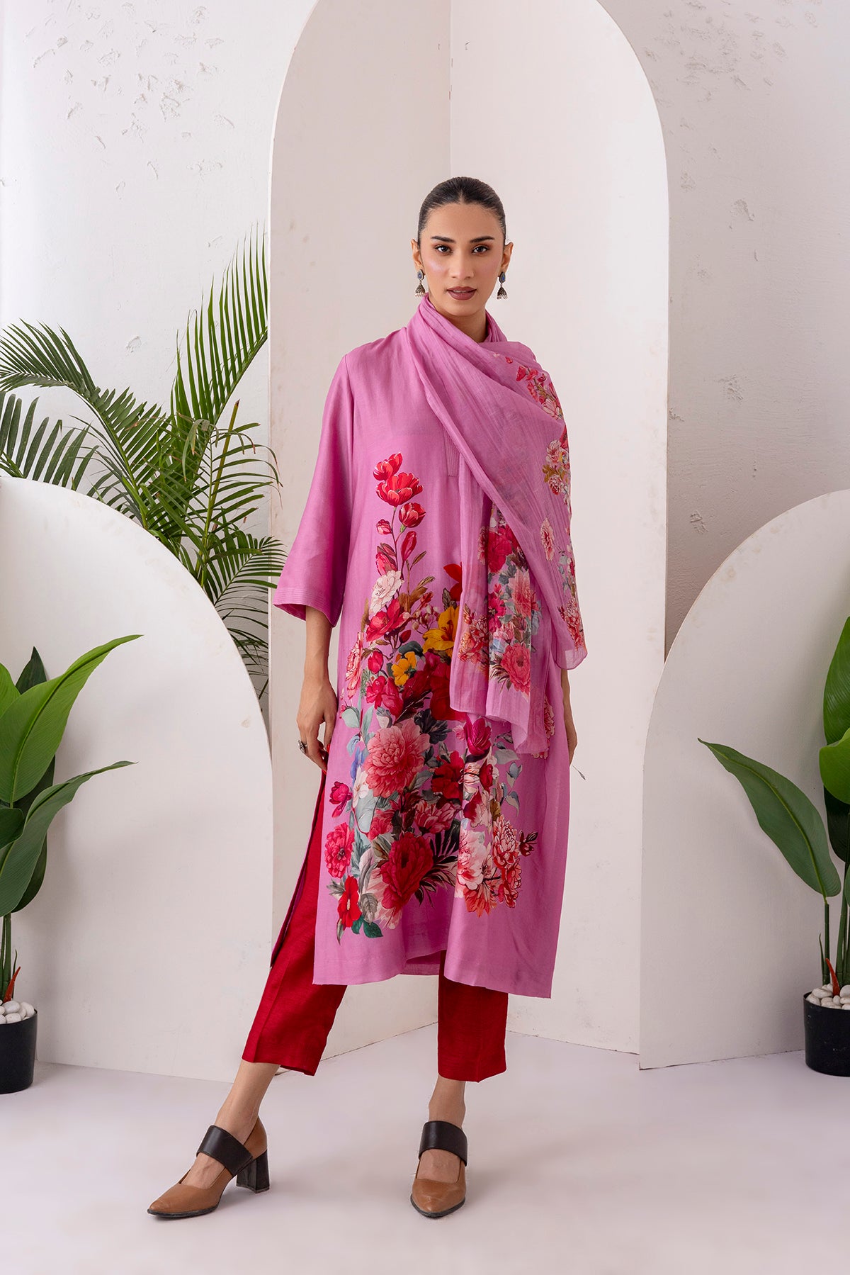 Salmon Pink Silk Chanderi Printed Tunic (1 PC)