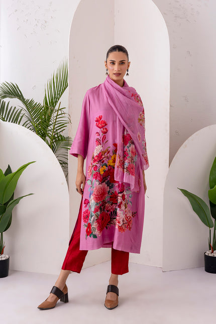Salmon Pink Silk Chanderi Printed Tunic (1 PC)