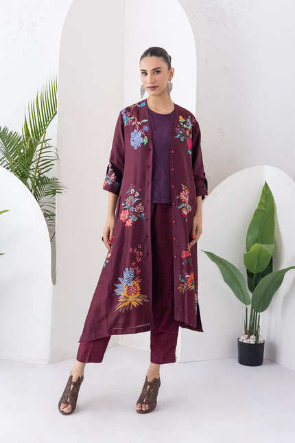 Chocolate Brown Silk Chanderi Printed High-Low Dress (1 PC)