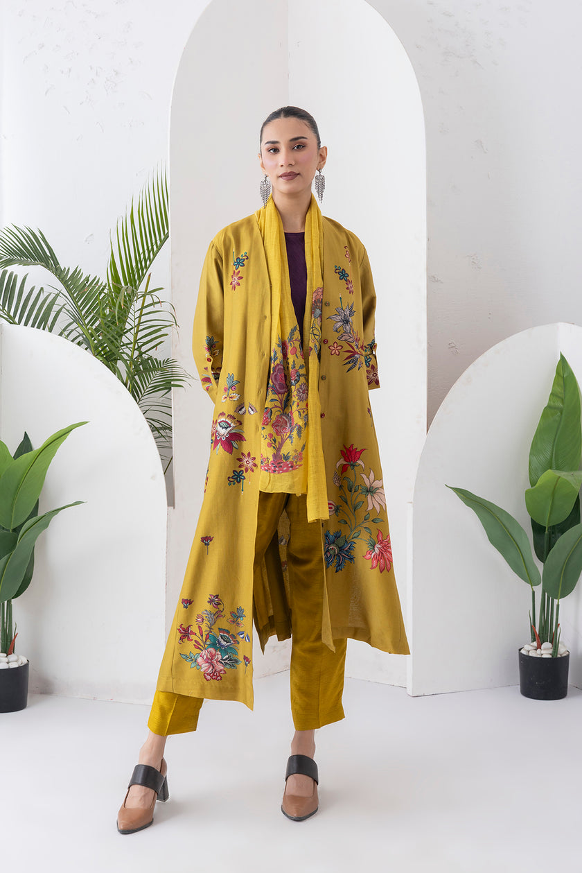 Mustard Silk Chanderi Printed High-Low Dress (1 PC)