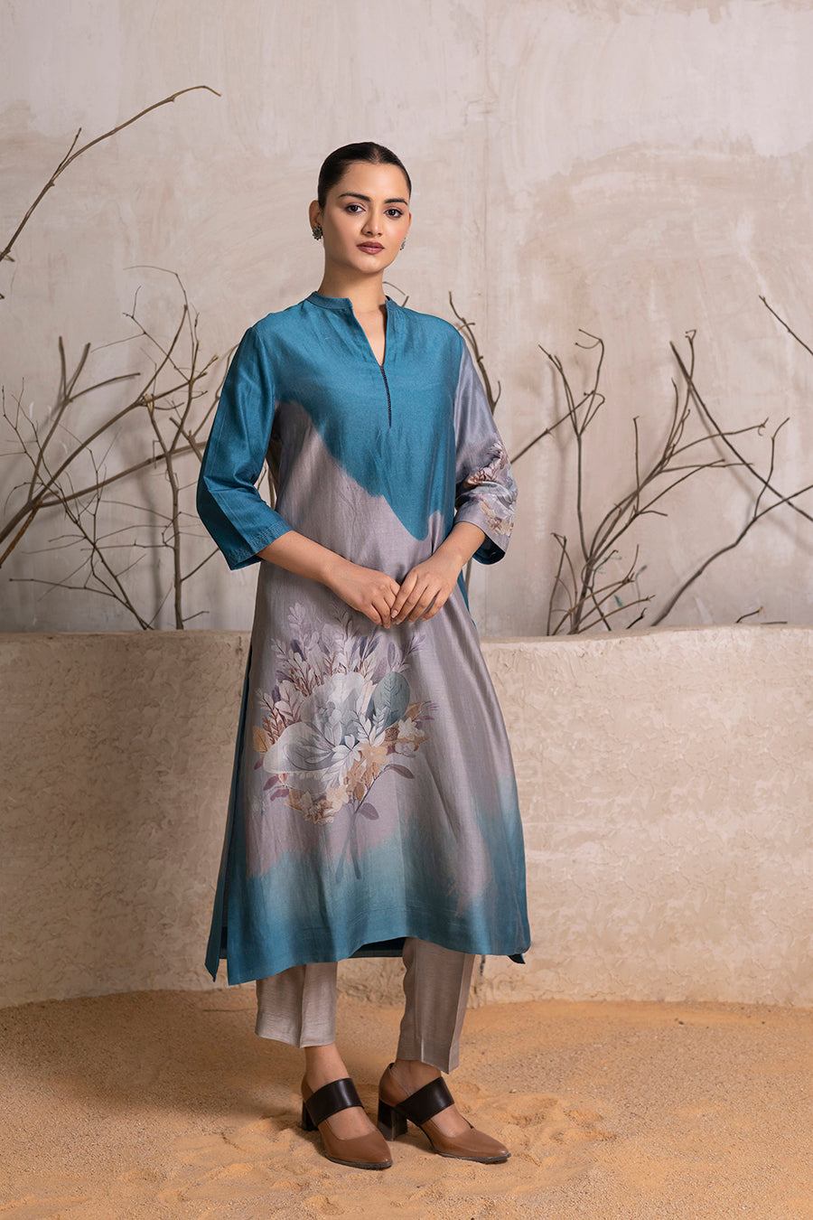 Denim Blue & Grey Shaded Silk Chanderi Printed Tunic (1 PC)