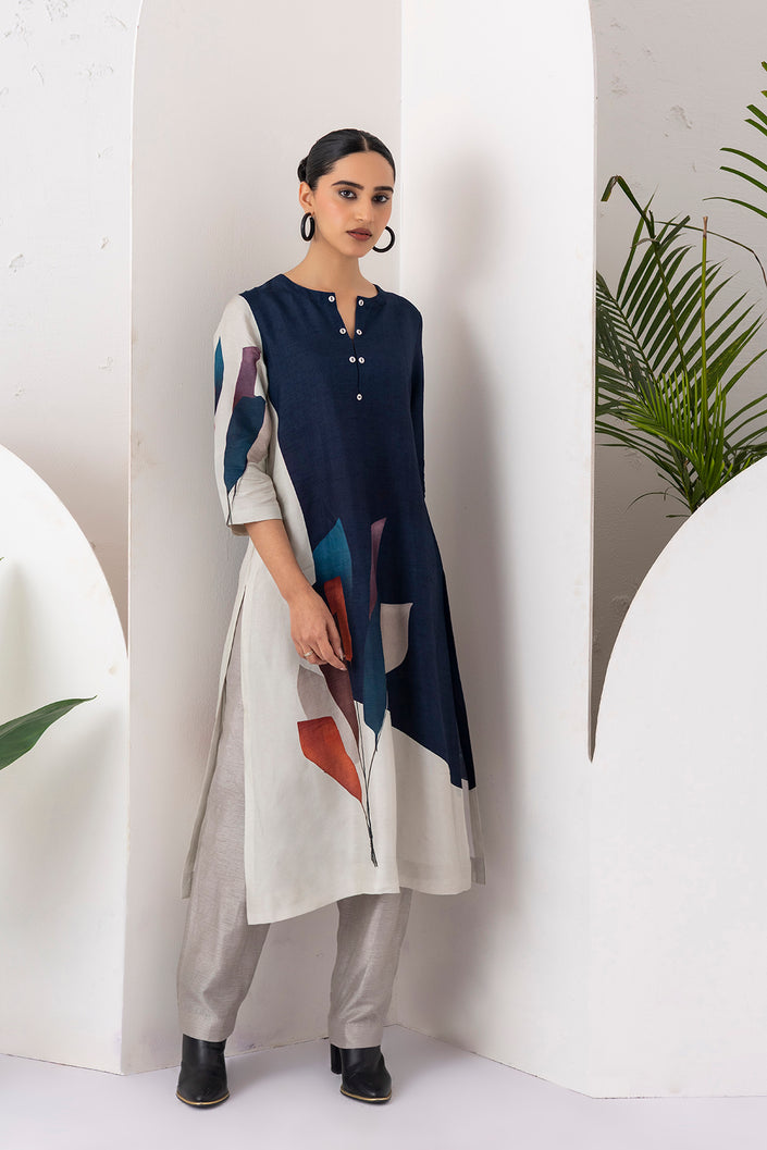 Blue & Ivory Viscose Dupion Printed Tunic (1 PC)