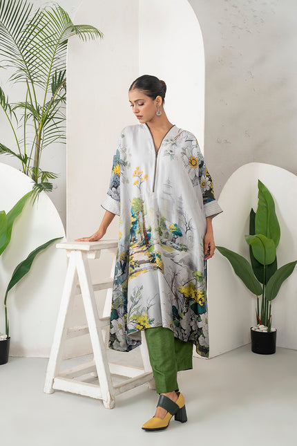 Grey Silk Chanderi Painterly Landscape Printed Zippered Dress (1 PC)