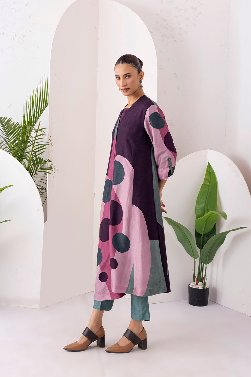 Salmon Pink & Wine Viscose Dupion Printed Dress (1 PC)