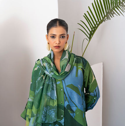 Green & Blue Thin Chanderi Printed Stole (1 PC)