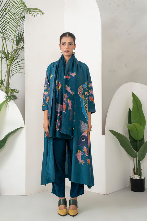 Indigo Silk Chanderi Playful Aquatic Motif Printed Dress (1 PC)