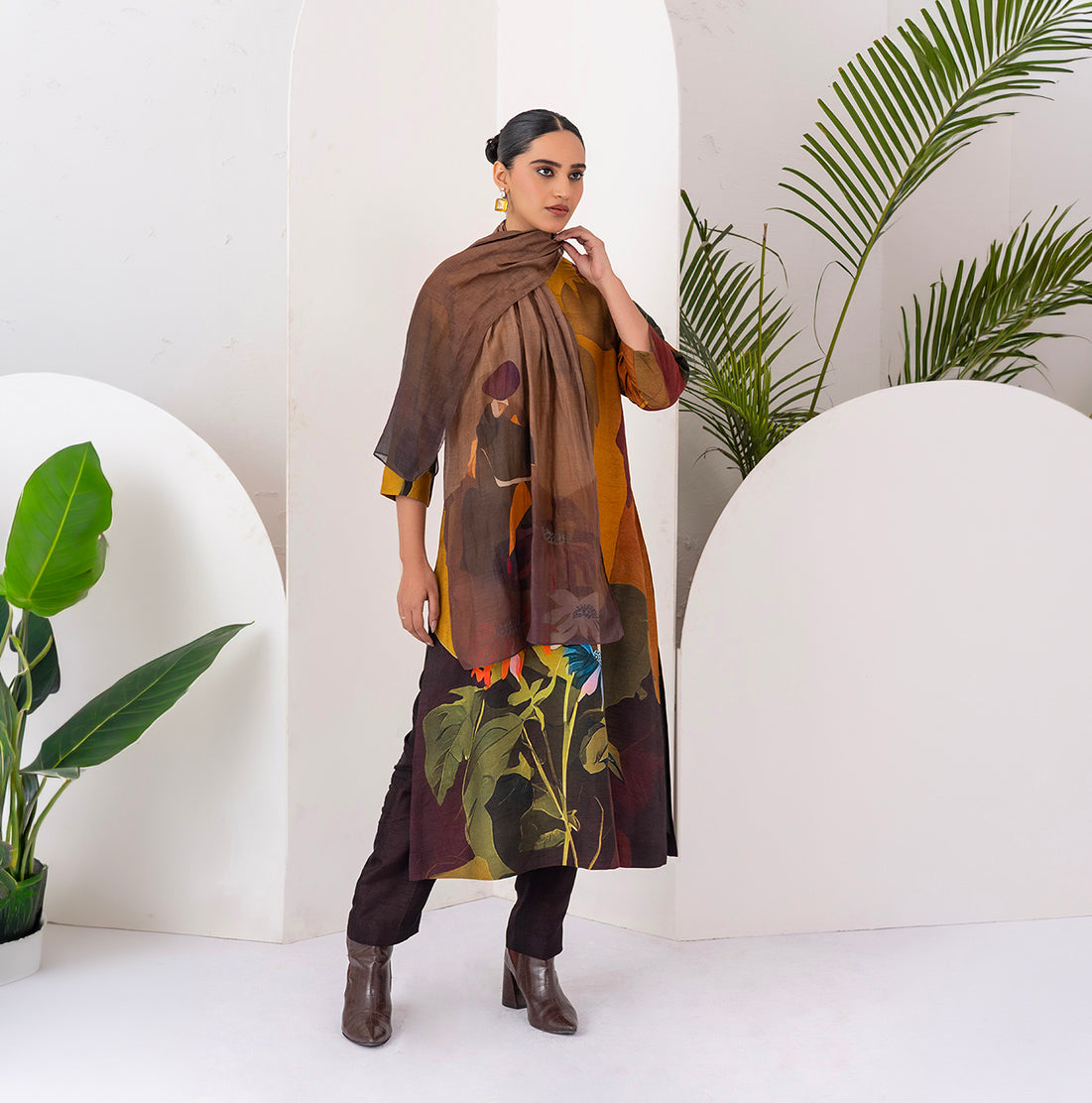 Shades Of Brown Thin Chanderi Printed Stole (1 PC)