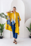 Yellow Silk Chanderi Front Open Kaftan Style Printed Dress (1 PC)