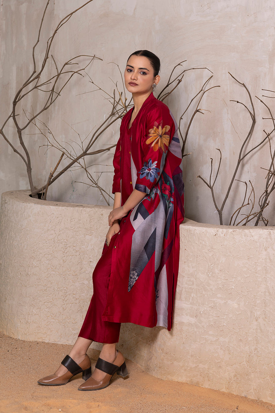 Red Silk Chanderi Printed Front Open Dress (1 PC)